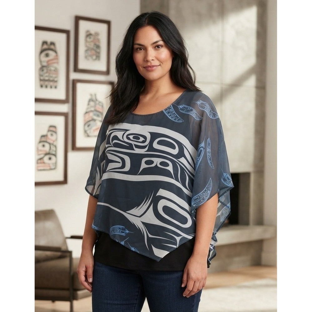 Native Northwest Poncho Layered Top Women's XL Indigenous Art Blue Tunic Flowy